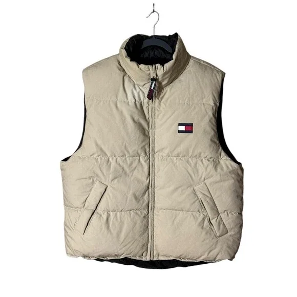 Tommy Hilfiger Reversible Down Puffer Jacket Vest Large Streetwear Y2K 90 Preppy - Picture 1 of 8